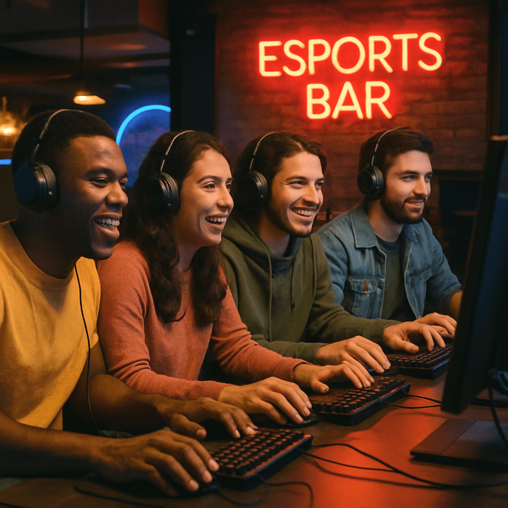A group of friends playing video games together in an esports bar
